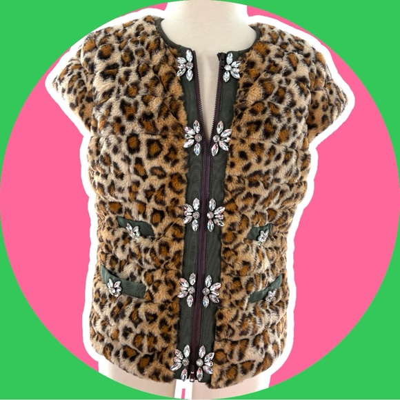 Glamourpuss Jackets & Blazers - Glamourpuss Leopard Print Faux Fur Vest with Crystal Embellishments sz. M